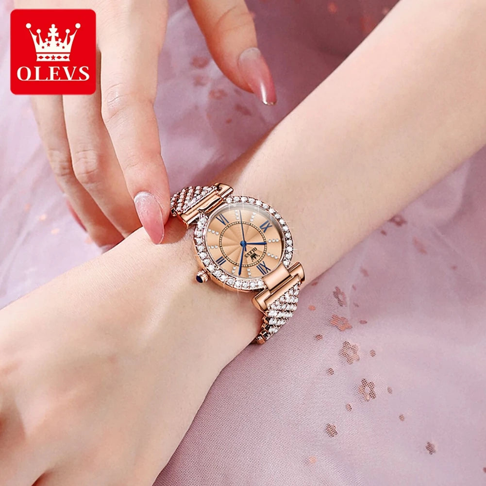 OLEVS 9942 Fashion Quartz Movement Watch For Women Full Of Diamond-set Strap Roman Scale Dial 30m Waterproof Luminous Watch