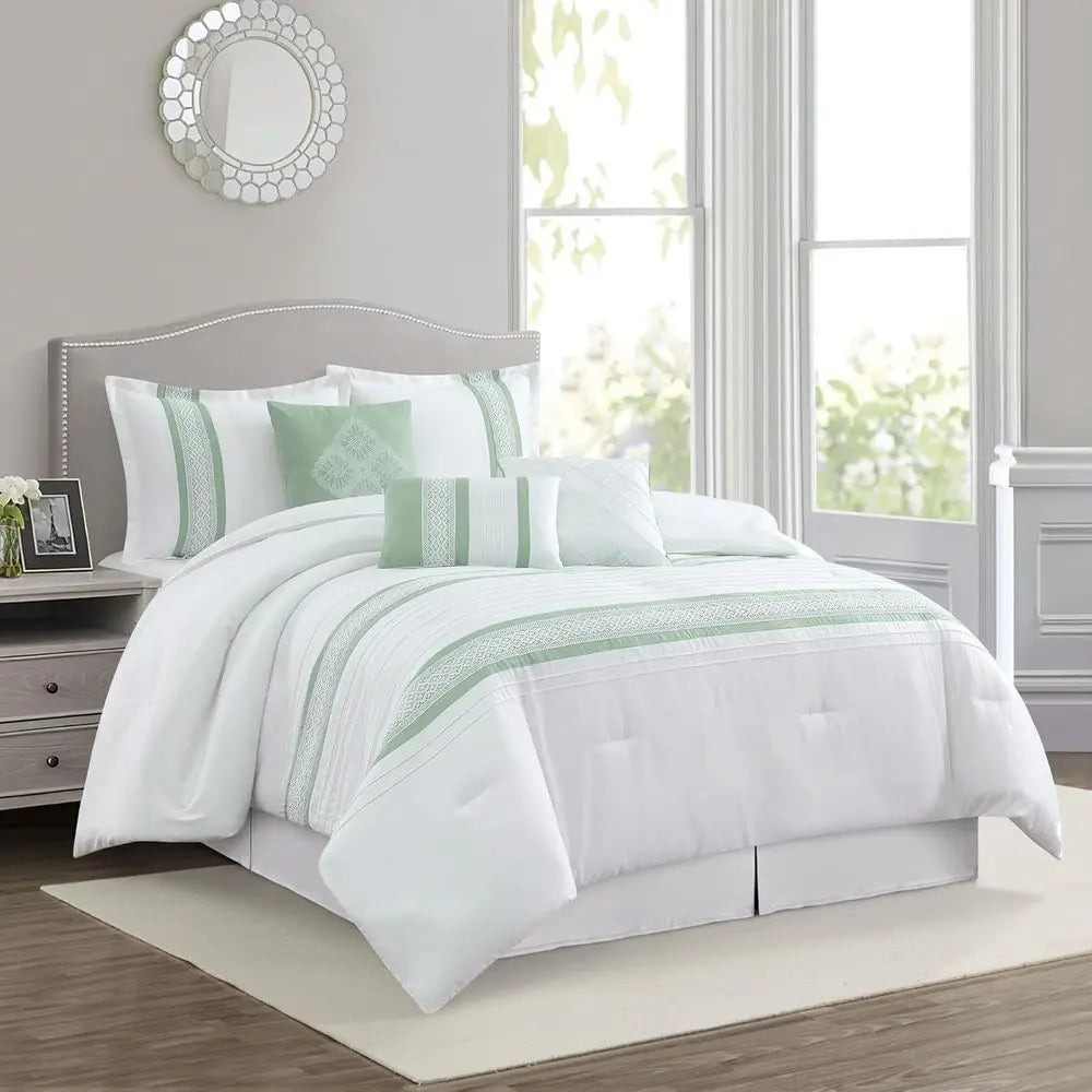 Queen Size Sage Green 7-Piece Comforter Set with Microfiber All-Season Bedding, Bed Skirt, Pillows, and Shams