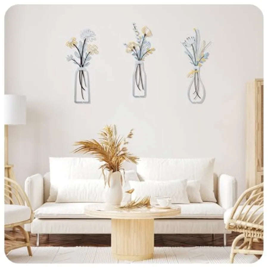 3 Pcs Metal Flowers Wall Art for Living Room, Dining Room, Bedroom Decor Minimalist Floral Vases Wall Decor Boho Metal Wall Art