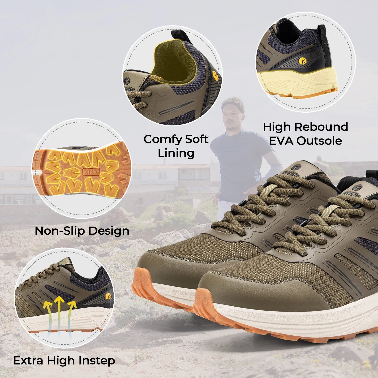 Fitville Trail Running Shoes Wide Toe Men's Sneakers Non-slip Wear Resistant Sport Shoes for Heel Pain Plantar Fasciitis Relief