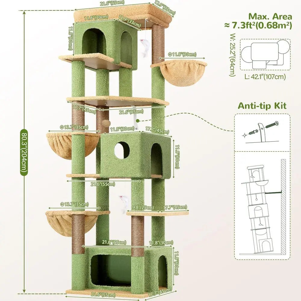 80 Inch Tall Multi-Level Cactus-Inspired Cat Tree with 3 Caves and 3 Baskets for Large Cats
