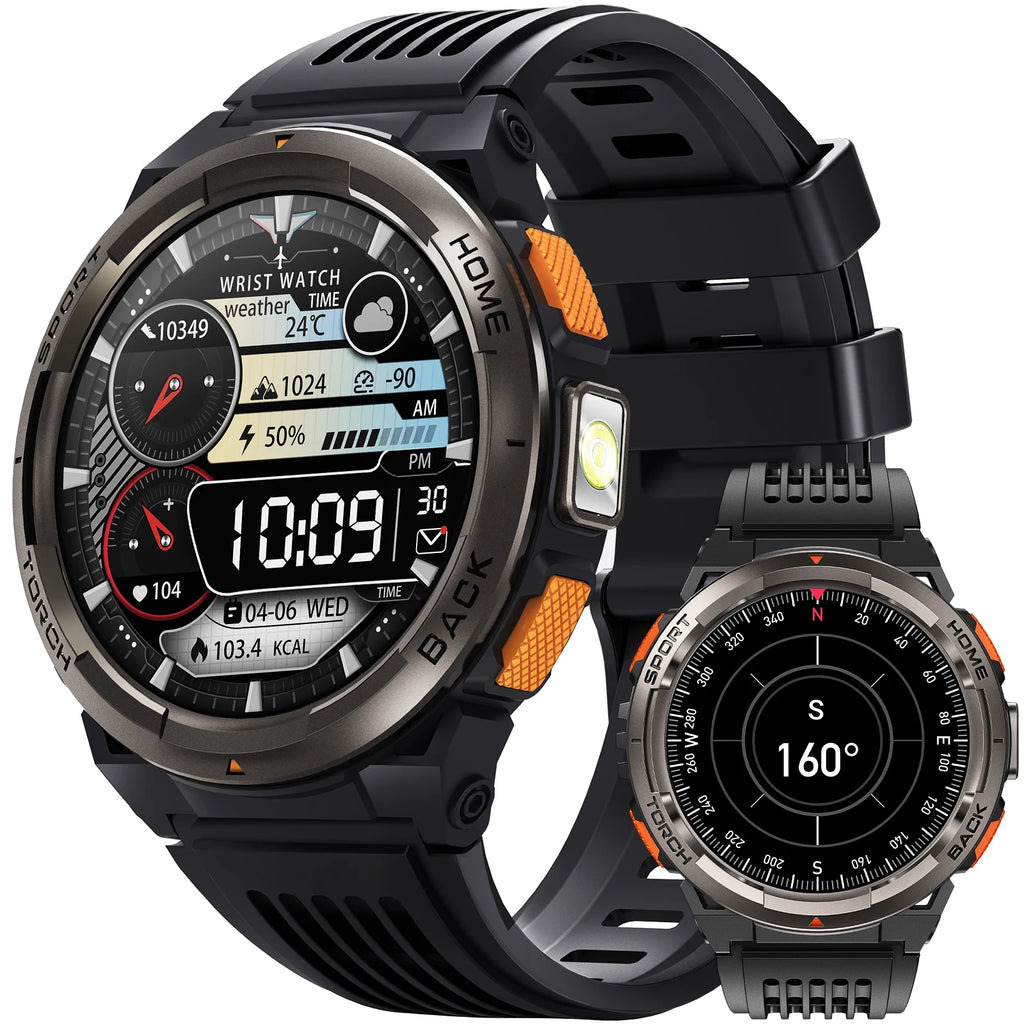 EIGIIS KE5 3ATM Waterproof Smart Watch for Men with LED Flashlight 1.45'' HD Rugged Smartwatch with 530mAh Big Battery