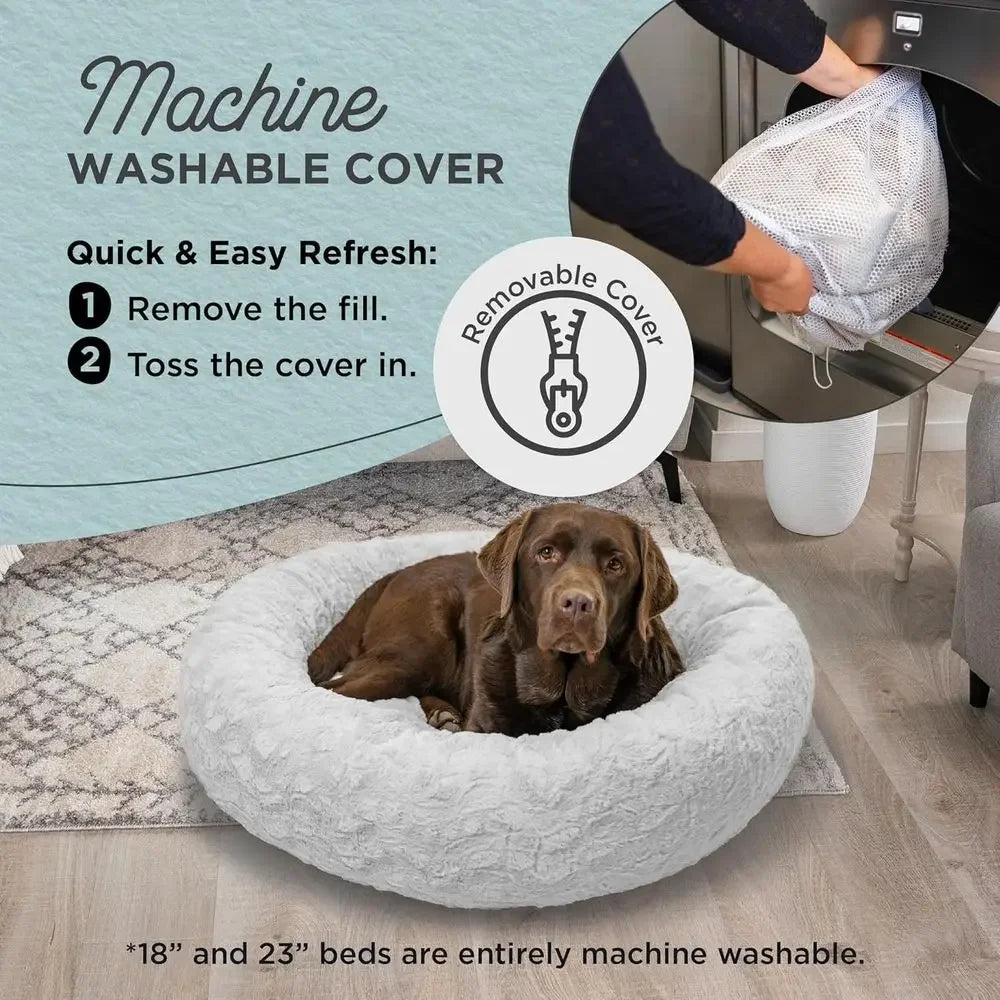 Luxury Calming Donut Cuddler Pet Bed with Throw Blanket, Gray, Large, 36x36