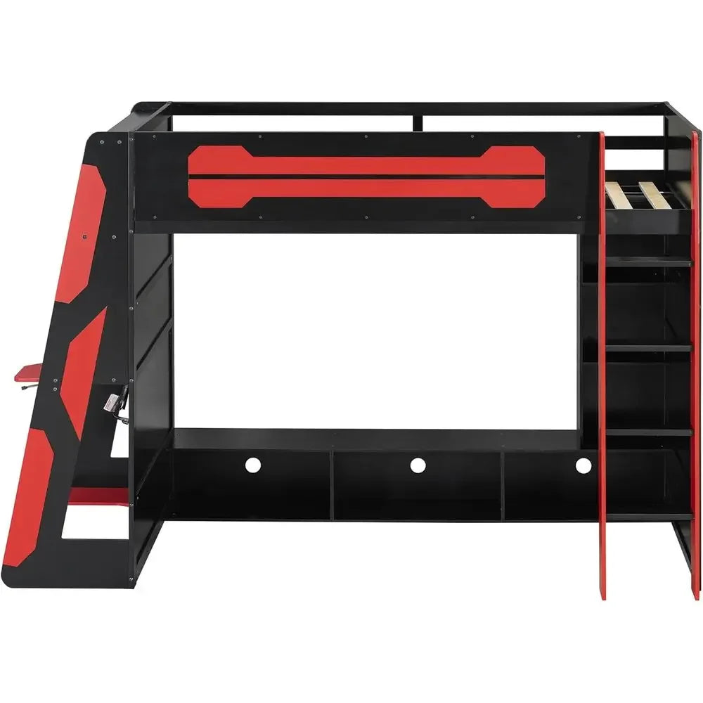 Twin Size Gaming Loft Bed with Integrated Desk and Storage, Wood Frame, LED Light Strip, Space-Saving Design (Red)