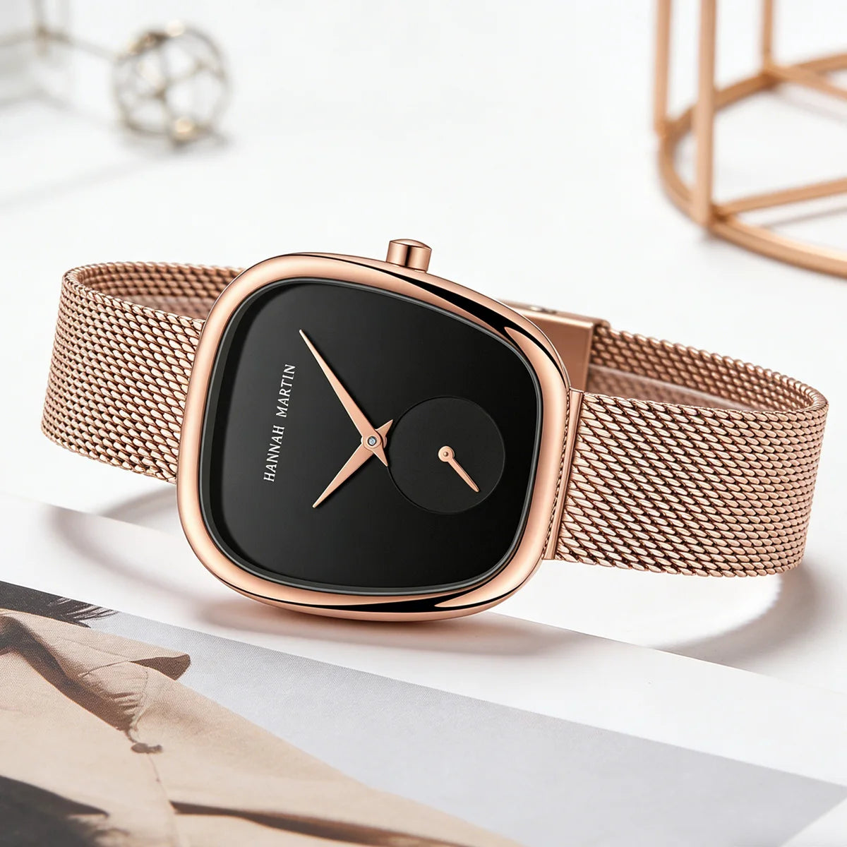 US Local Shipping Women's Watch Oval Rose Gold Case 34mm White Minimalist Dial Original Clock Quartz Movement, Creative Sub Dial, Stainless Steel Mesh Belt, Daily Matching, Work Commuting, Women Jewelry Watch