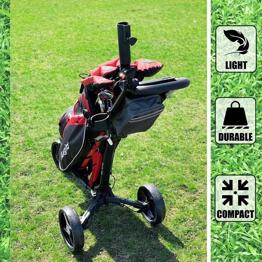 3-Wheel Golf Push Cart with 360° Swivel Front Wheel, Lightweight & Durable, Foldable for Easy Storage, Hand & Dual Brake System,