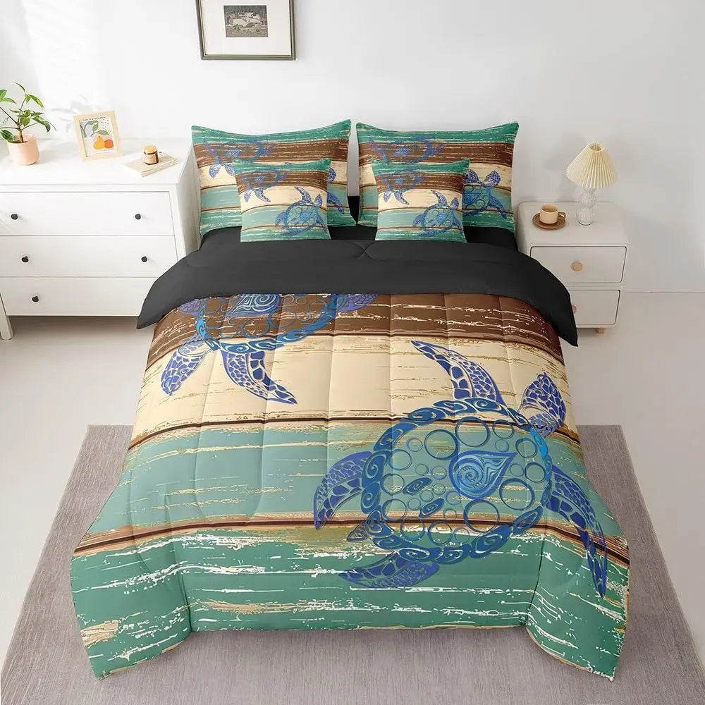7-Piece Sea Turtle Bedding Set in Vintage Geometric Stripe, Ocean-Themed Queen Comforter