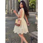 Elegant Cream White Summer Skater Dress,Sleeveless Pleated Laser-Cut Hem Fit-And-Flare A-Line Silhouette,Tea Party Garden Vacation Outfits For Women