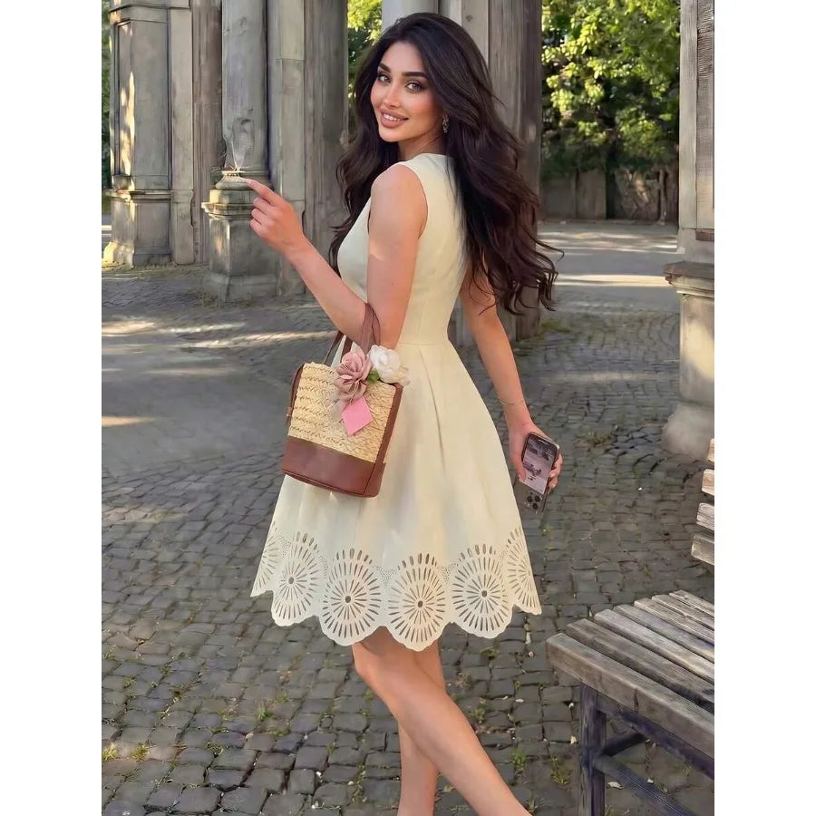 Elegant Cream White Summer Skater Dress,Sleeveless Pleated Laser-Cut Hem Fit-And-Flare A-Line Silhouette,Tea Party Garden Vacation Outfits For Women