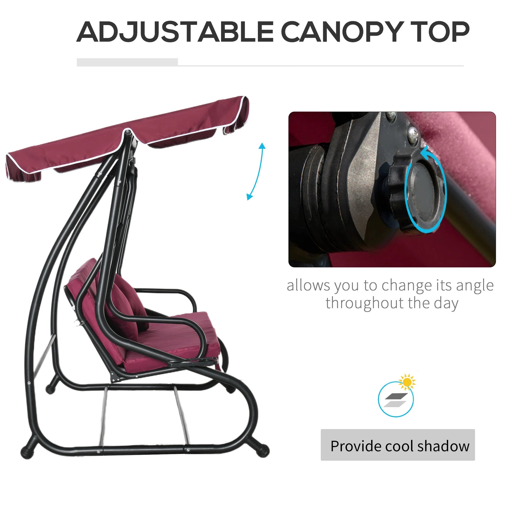 Outdoor 3-Person Patio Porch Swing Hammock Bench with Adjustable Canopy, Red