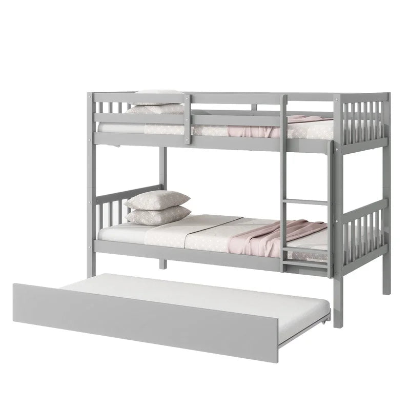 Grey Twin Over Twin Bunk Bed with Trundle, Convertible to Two Twin Beds, Includes Ladder and Guardrails