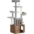 Large Multi-Level Cat Tree with Litter Box Enclosure, Play House, Hammock, Perch, Scratching Post, and Balls - Wooden Cat Furnit