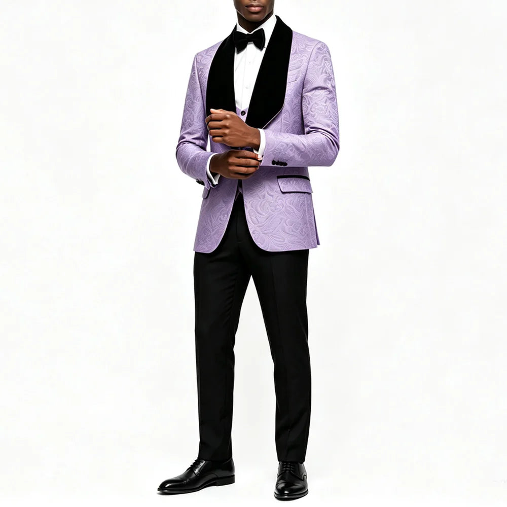 Men Light Blue Jacquard Tuxedo 3 Piece Suit Shawl Black Lapel Slim Fit Blazer Vest Pants Set Wedding Groom Prom Dinner Party Formal Mens Suit