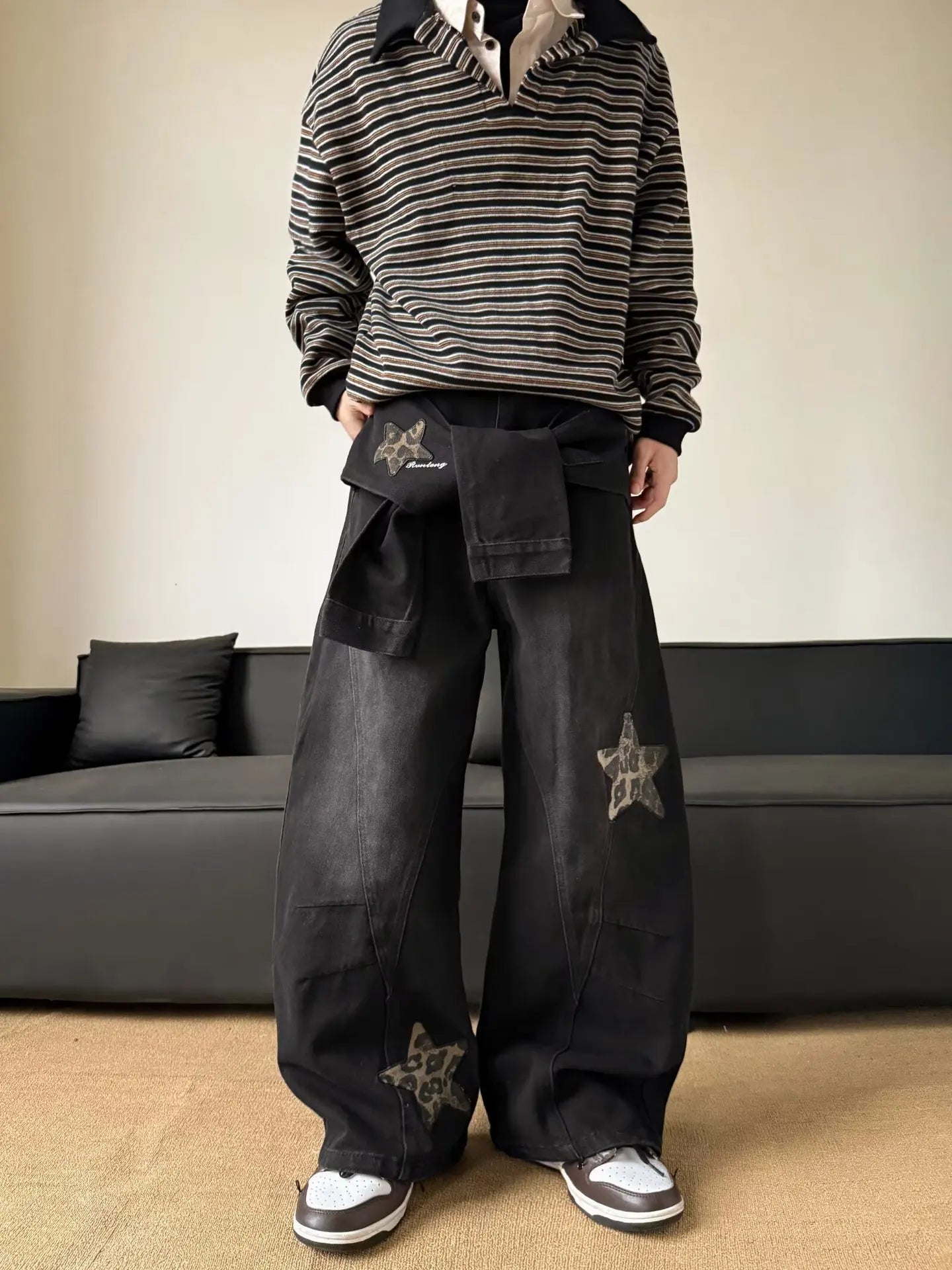 Men's Black Washed Baggy Wide Leg Jeans Leopard Print Star Patch Fake Layer Waist Design Hip Hop Street Style Casual Daily Outing Loose Denim Trousers