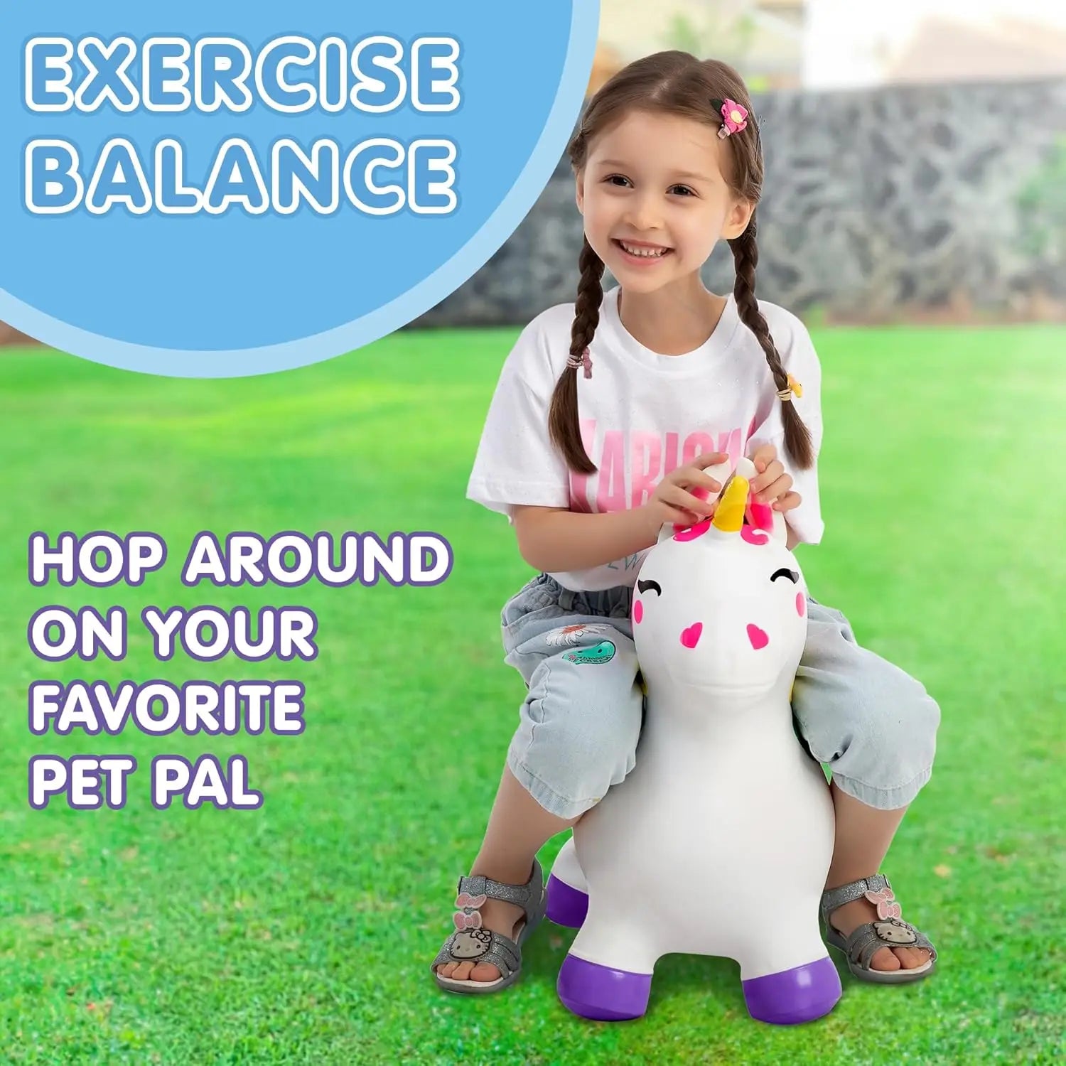 JOYFY Kids Bouncy Unicorn Horse Ride On Toys Bouncer Bouncing Animal Hopper Inflatable Hopping Toy for Birthday Christmas Gifts
