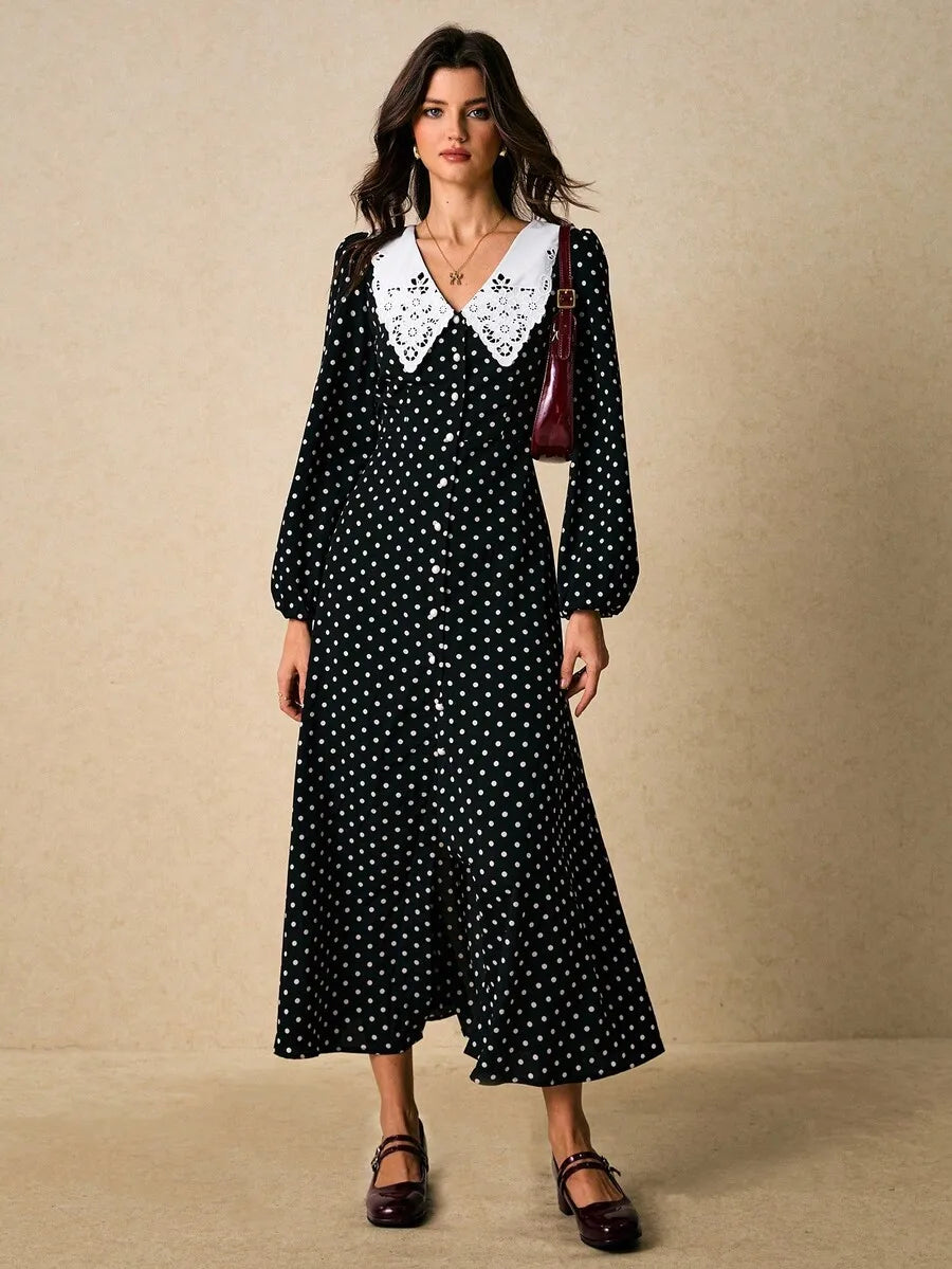 Womens Black White Polka Dot Button Front Midi Dress Lace Peter Pan Collar Long Sleeve Vintage Tea Party Dress