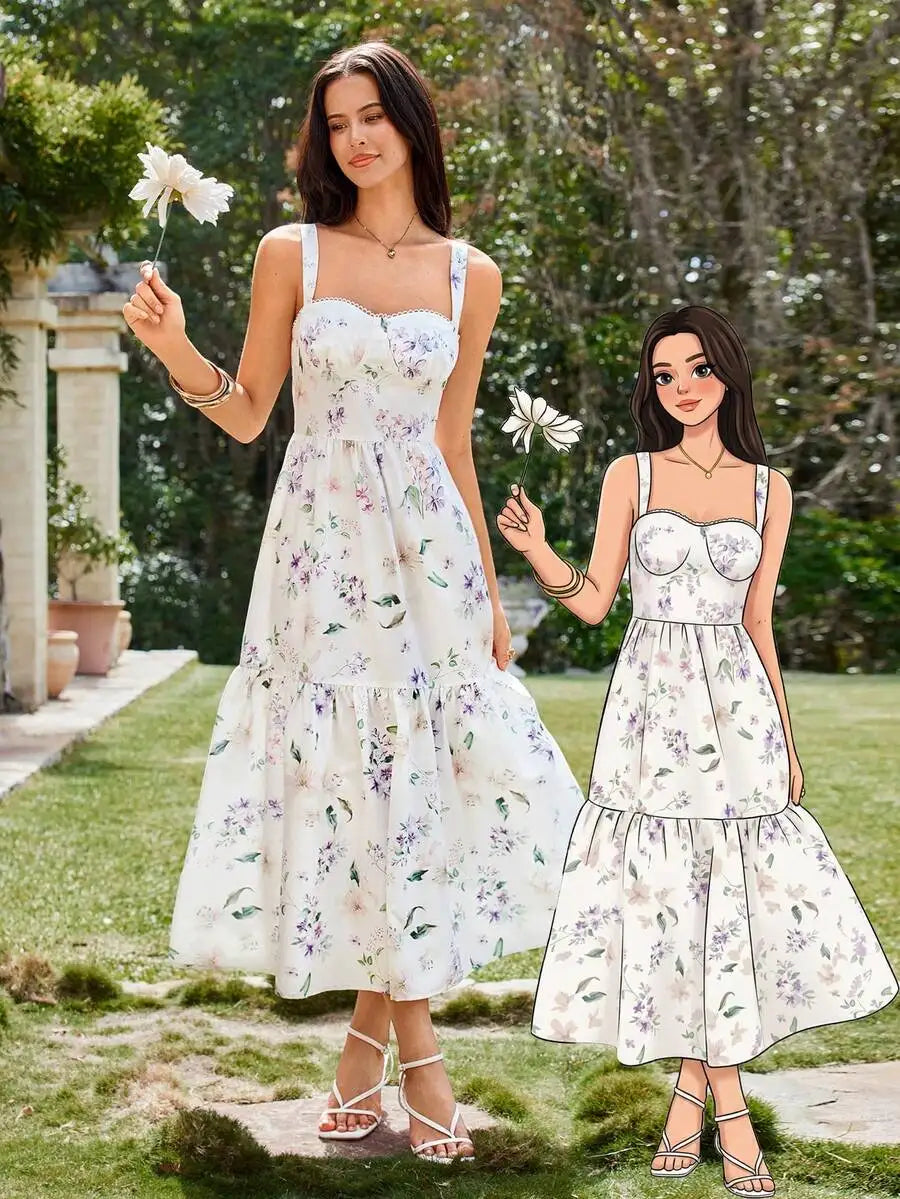 Elegant White Floral Womens Summer Cottage Core Dress For Garden Party Wedding Guest Graduation