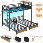 Triple Bunk Bed with Storage Drawers and Charging Station, Twin Over Twin Metal, 3 Beds, Guardrails, Ladder, No Box Spring, Blac