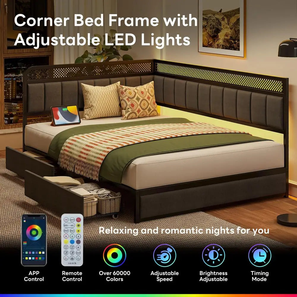 Full Corner Bed Frame with Storage Drawers and Charging Station, Modern Full Daybed with LED Lights and Upholstered Guardrail,