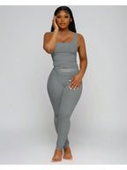 Women 2-Piece Activewear Set, ribbed crop tank top matched with high waist yoga leggings. Stretchy and skin-friendly fabric, snug fit, perfect for workout, yoga, gym training and daily casual leisure wear all day round