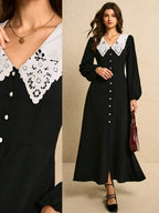 Womens Black White Polka Dot Button Front Midi Dress Lace Peter Pan Collar Long Sleeve Vintage Tea Party Dress