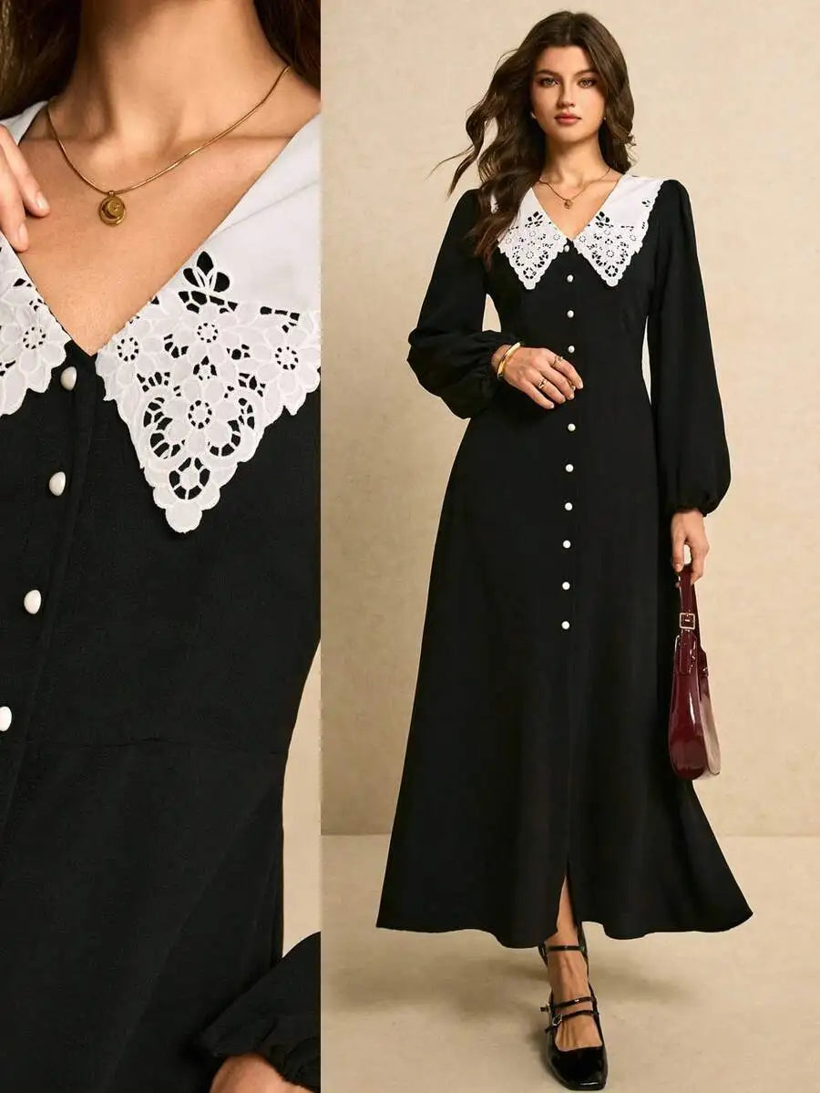 Womens Black White Polka Dot Button Front Midi Dress Lace Peter Pan Collar Long Sleeve Vintage Tea Party Dress