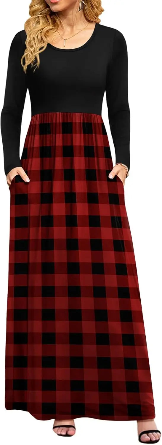 Women Casual Long Sleeve Maxi Dresses Empire Waist Long Dress with Pockets