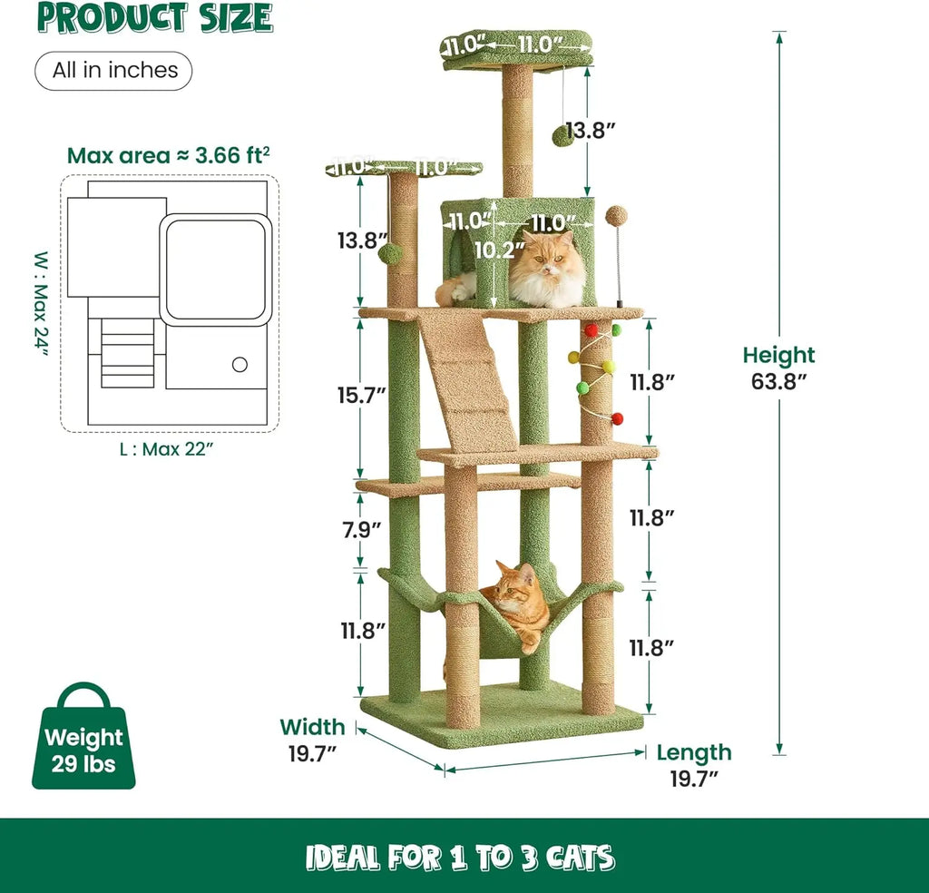 Indoor Cat Tree - 63.8 Inches, Green, Sisal-Covered, with Padded Platform, Hammock and Dangling Toys