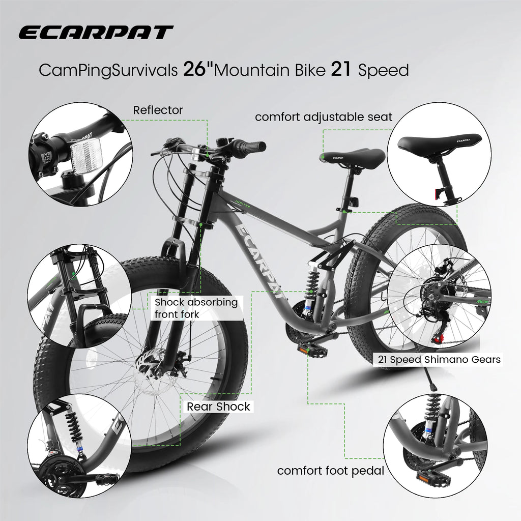 Fat Tire Mountain Bike 26 Inch, 21 Speed Dual Full Suspension, 4.0" Wide Non-Slip Big Fat Tire, Men Women Bicycles