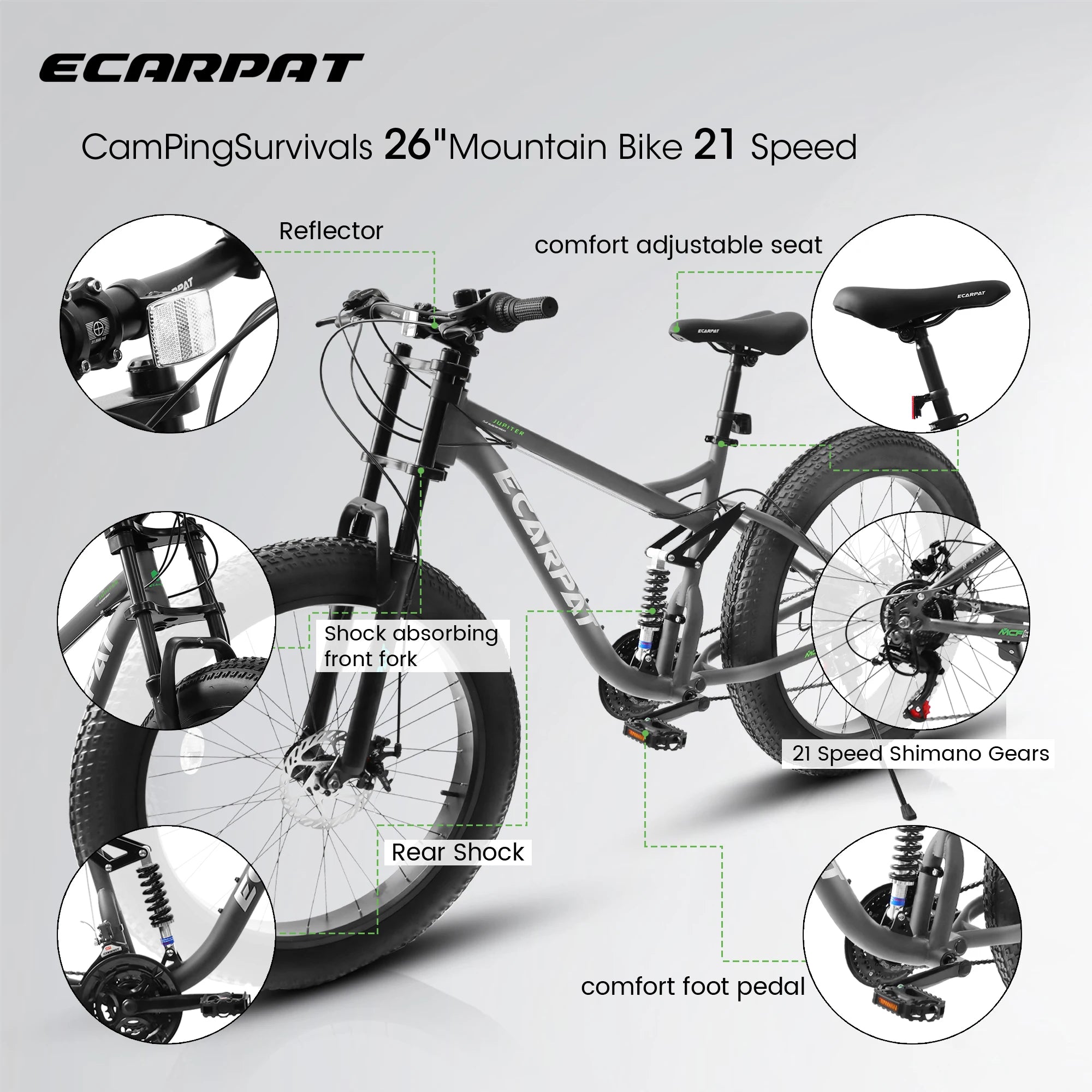 Fat Tire Mountain Bike 26 Inch, 21 Speed Dual Full Suspension, 4.0" Wide Non-Slip Big Fat Tire, Men Women Bicycles