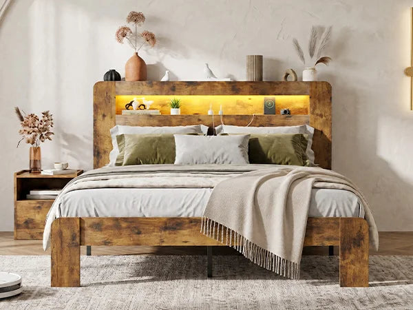 US Queen Size Bed Frame with Storage Headboard Platform Bed Frame with Charging Station LED Light Easy Assembly No Box Spring