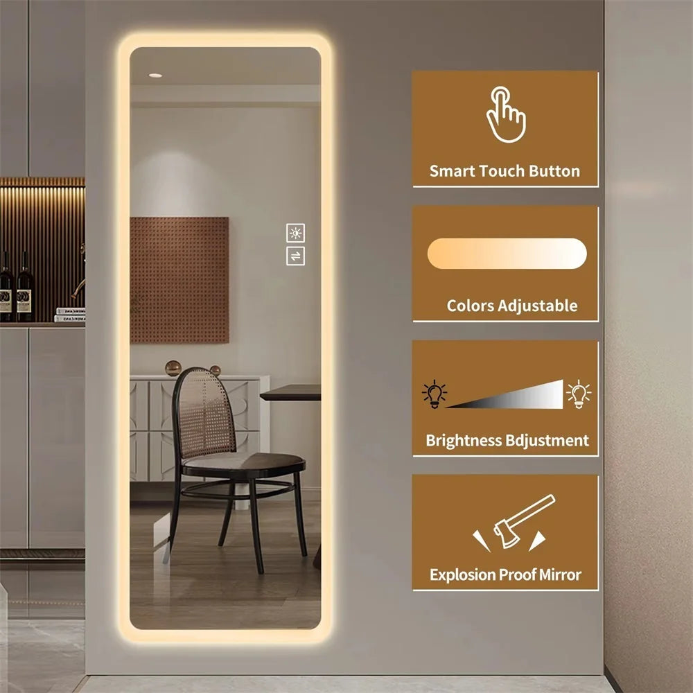 LED Lighted Full Length Vanity Mirror with Rounded Corners, Large Wall Mounted Body Mirror, Illuminated Dressing Mirror for Bedroom Living Room Dressing Room Hotel Decor