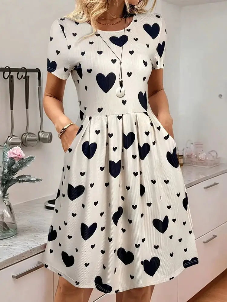 Pocket A-line Midi Dress European American Women Dress Short Sleeve Round Neck Off White Heart Print Casual Spring Summer Outfit