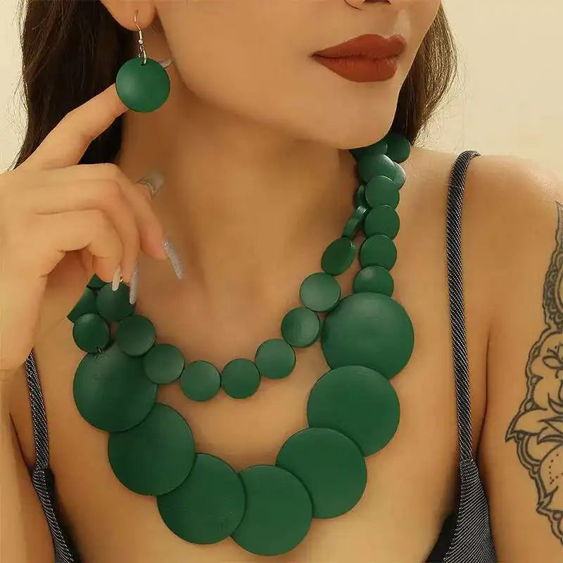 Africa Nigeria Jewelry Set Boho Double-layer Colored Geometric Round Wooden Beads Necklace Earrings For Women Trend 2025