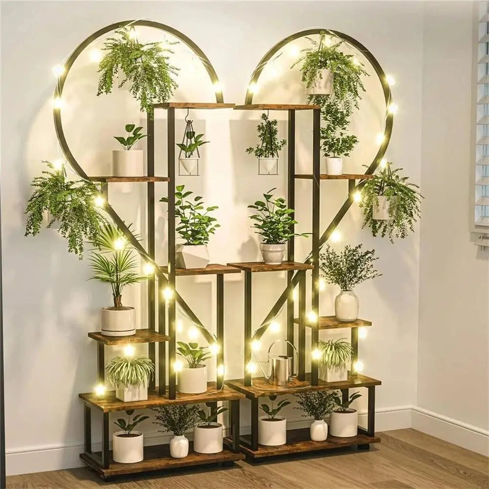 Double-Tiered Heart-Shaped Plant Stand with 20 Pots, Ladder Style Hanging Rack for Garden Display