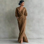 Elegant Solid Color V Neck Long Sleeve Wrap Midi Dress With Side Slit For Women