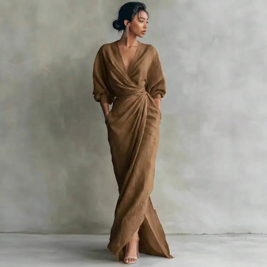Elegant Solid Color V Neck Long Sleeve Wrap Midi Dress With Side Slit For Women