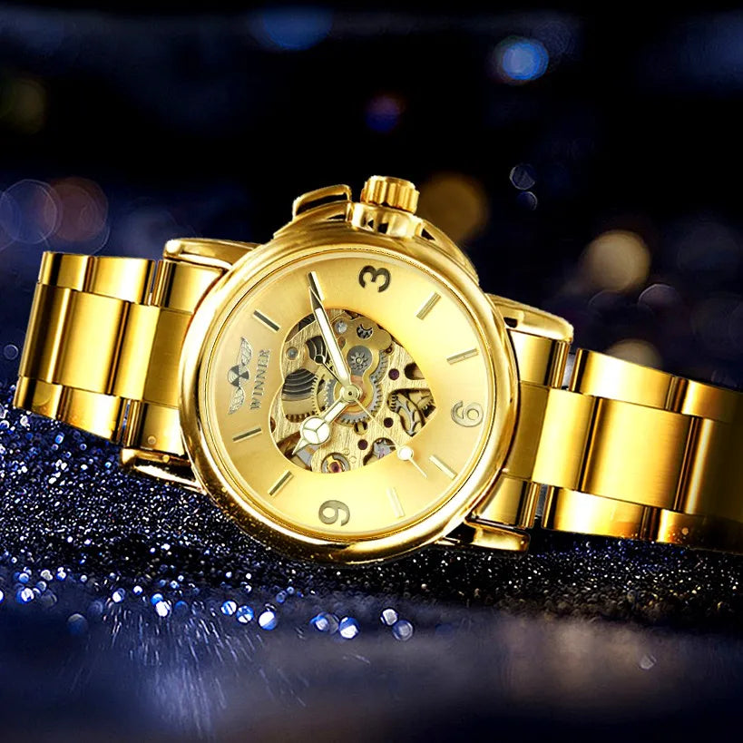 WINNER Fashion Elegant Skeleton Automatic Mechanical Watch for Women Luminous Hands Stainless Steel Strap Business Ladies Watches