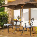 3 Piece Outdoor Cast Patio Bistro Set with Umbrella Hole and Gray Cushions, Black