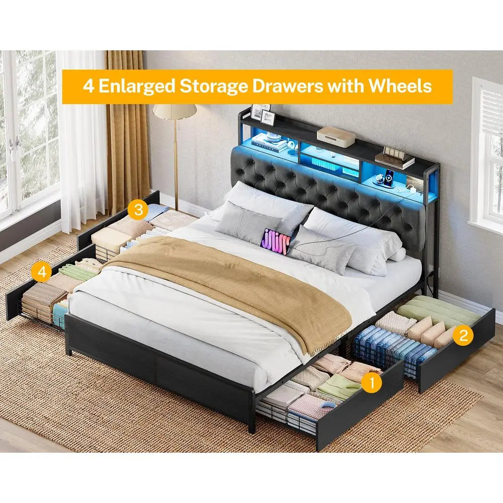 Full Size Bed Frame with Storage 4 Drawers amp LED Lights, Upholstered Headboard with Shelves and Built in Charging Station, Me