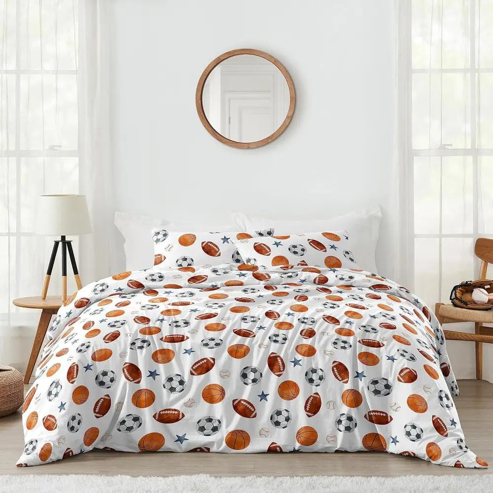 Full Size Sports Themed Bedding Set for Kids & Adults - 3 Piece Watercolor Soccer, Football, Basketball with Blue Stars