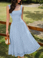 Elegant Lace Square Collar A-Line Midi Dress For Summer Wedding Guest Party