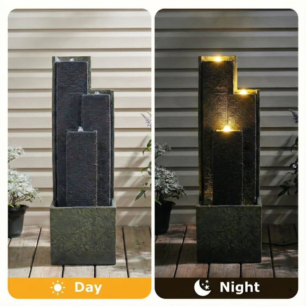 39'' H Outdoor Water Fountain Modern Cascading Freestanding Fountain with LED Lights for Garden Patio Porch Lawn Backyard Decor