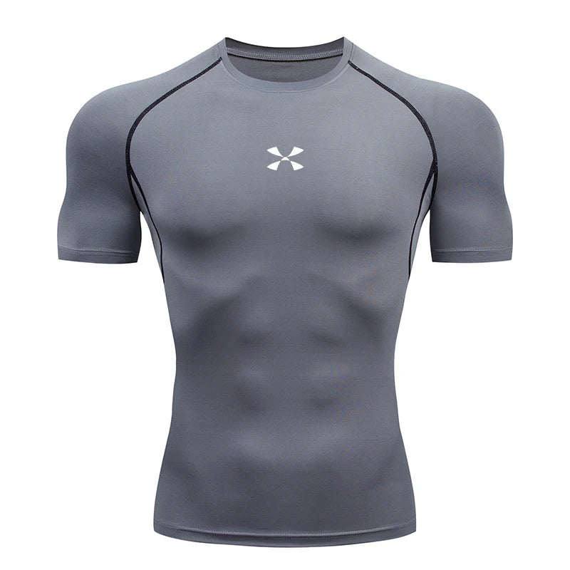 Summer Men Athletic Compression Short Sleeve Running T Shirt Elastic Polyester Quick Dry Gym Workout Fitness Top