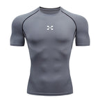 Summer Men Athletic Compression Short Sleeve Running T Shirt Elastic Polyester Quick Dry Gym Workout Fitness Top