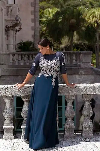 Women Boat Neck 3/4 Mesh Sleeve Floral Lace Appliques Chiffon Long Dress Elegant A Line Wedding Party Mother of Bride Formal Evening Maxi Gown