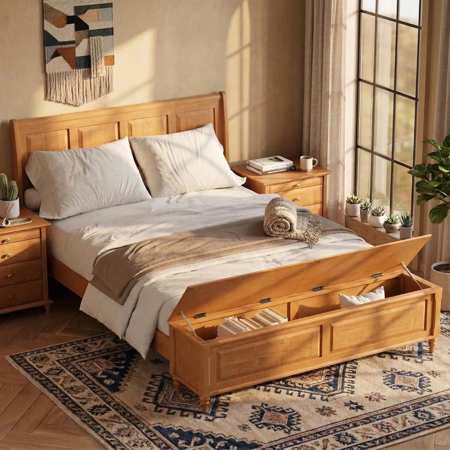 Farmhouse Queen Platform Bed Frame 46" Tall Headboard Solid Wood 2 Storage Drawers LED USB Charging No Box Spring Walnut Custom
