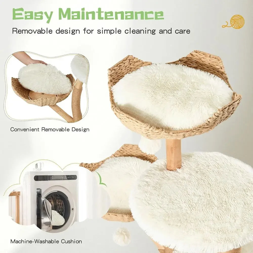 54 Natural Wood Cat Tree with Woven Basket Beds and Scratching Post, Bohemian Style Cat Tower, White
