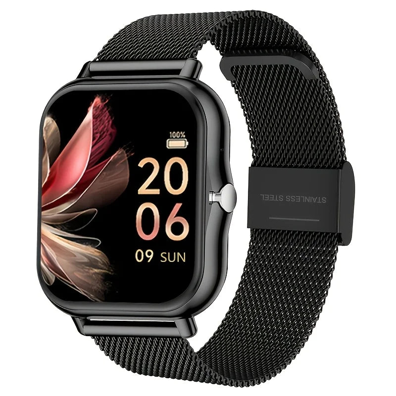 Full Touchscreen Smartwatch for Men and Women, Wireless Bluetooth for Making/answering Calls, 100+ Sports Modes, Weather, Stopwatch, Timer, Alarm Clock, Alloy Case, Stainless Steel Strap, Stylish and Minimalist Design, Compat