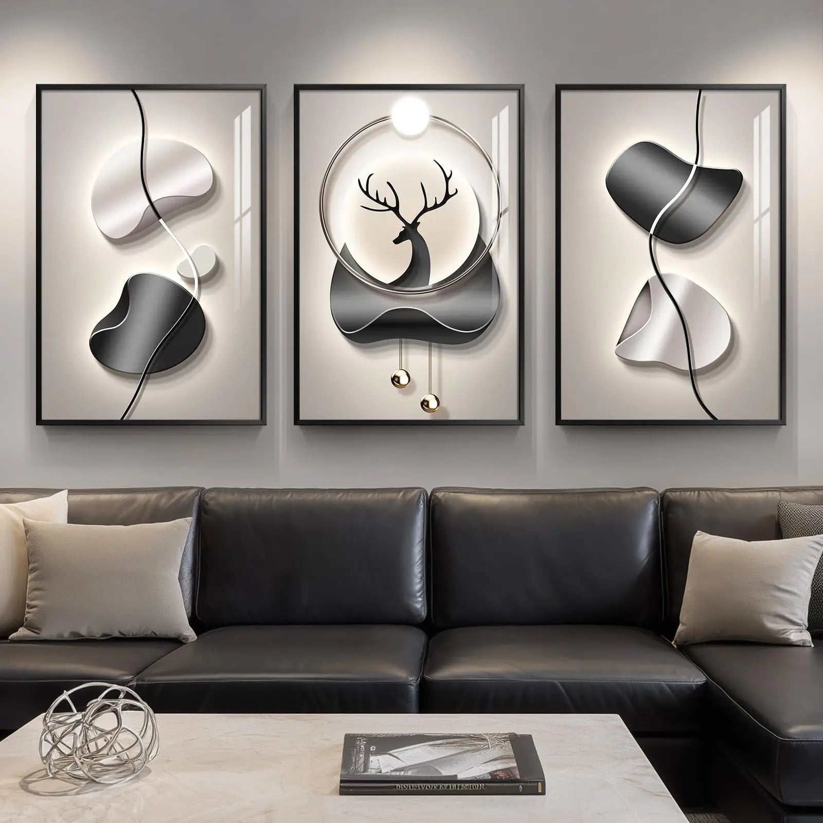 Large Framed Modern Wall Art for Living Room, 3 Piece Black and White Abstract Contemporary Pictures Artwork Decor, Geometric Luxury Bright Style Prints Paintings for Hallway and Office 24x36 Inch
